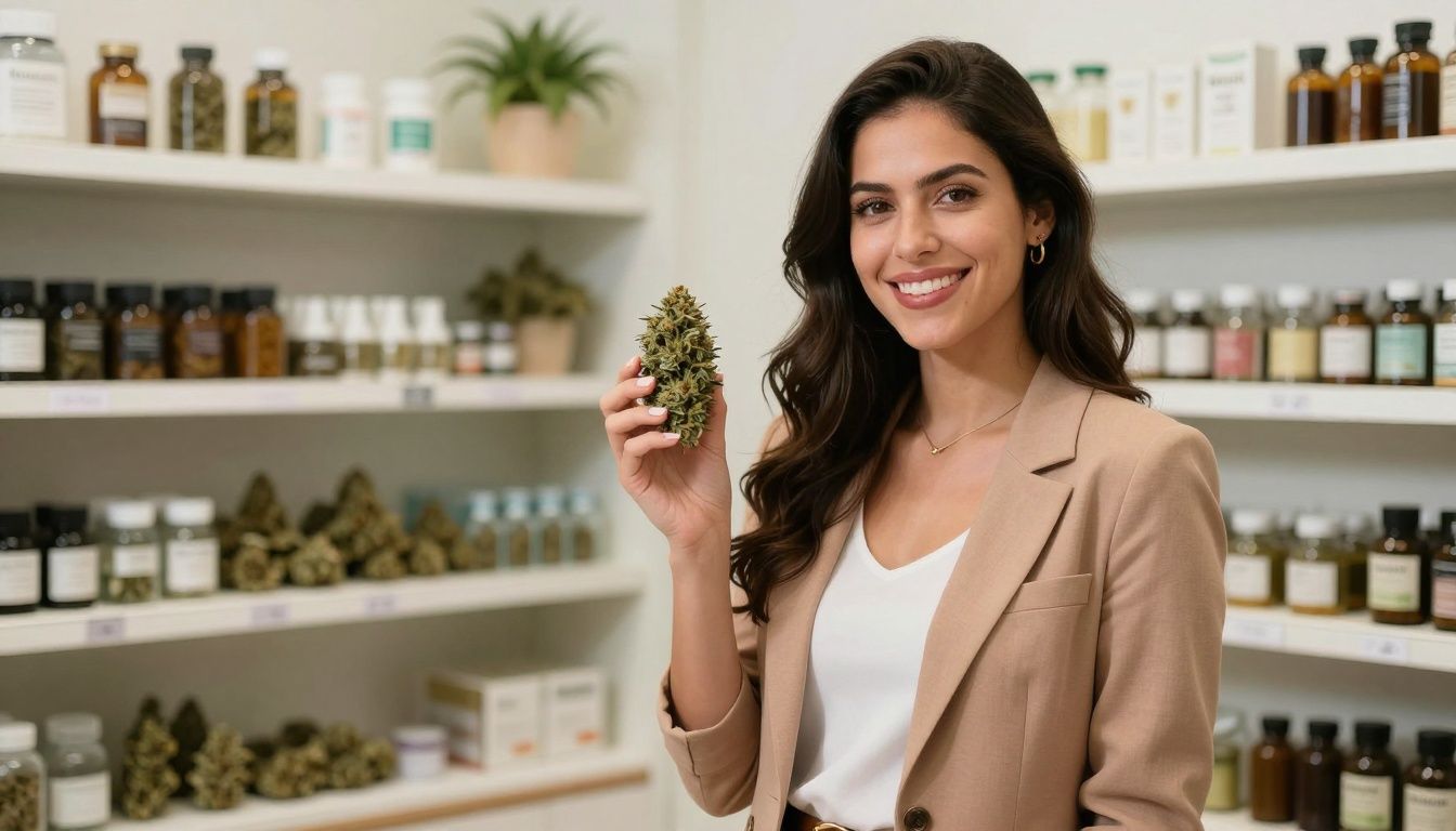 Woman in a dispensary holding a cannabis product.