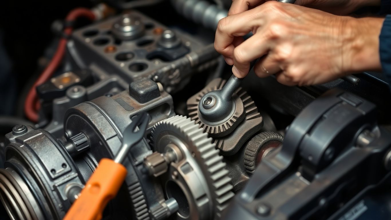 Mechanic repairing Mitsubishi gearbox with tools.