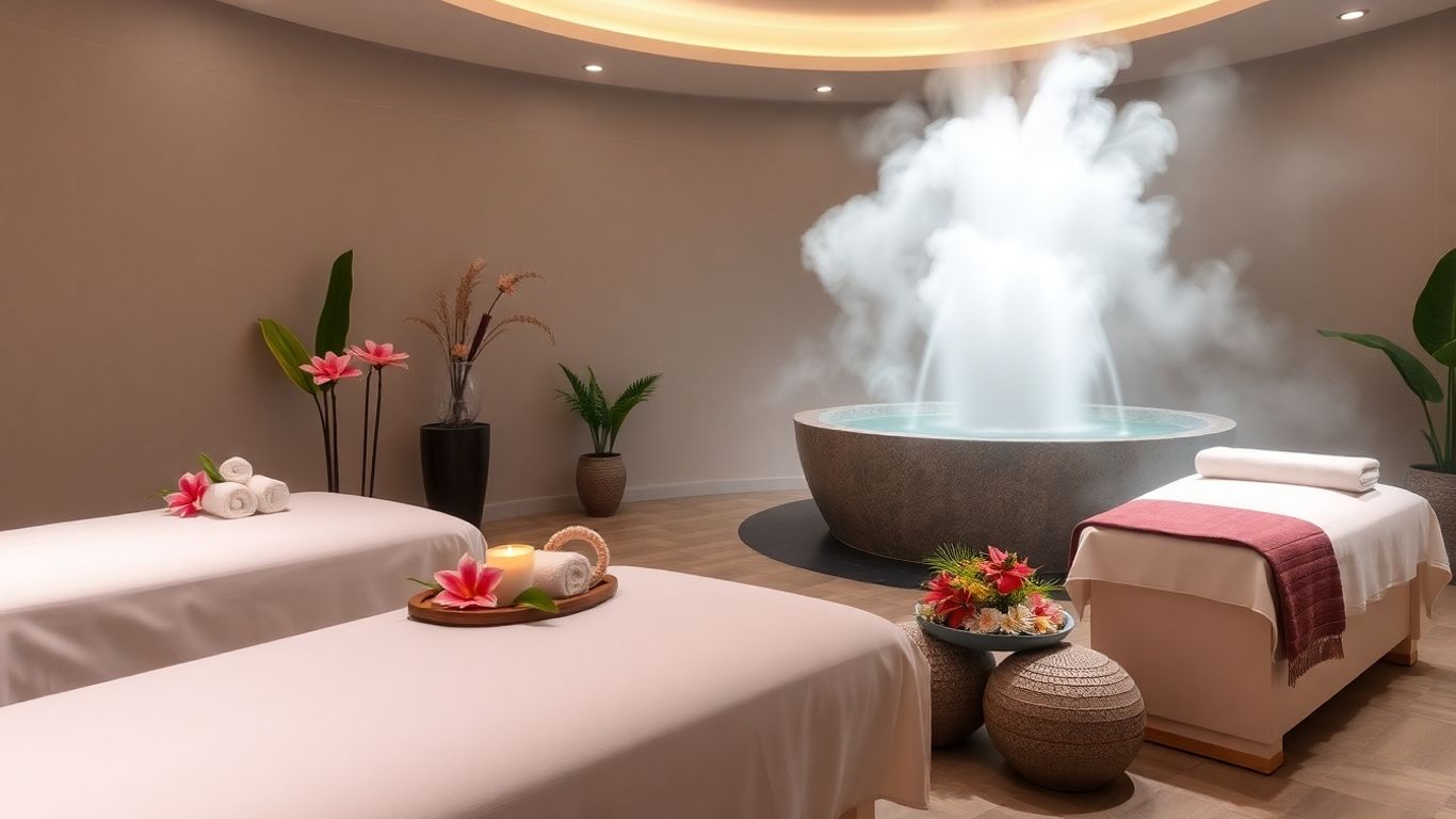 Luxurious spa room with massage tables and floral decor.