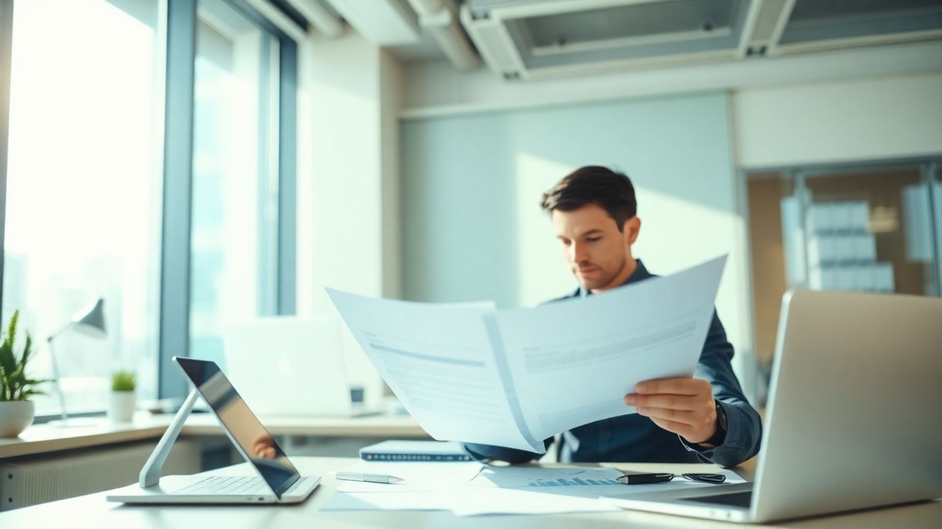 Person managing telecom expenses in a modern office.