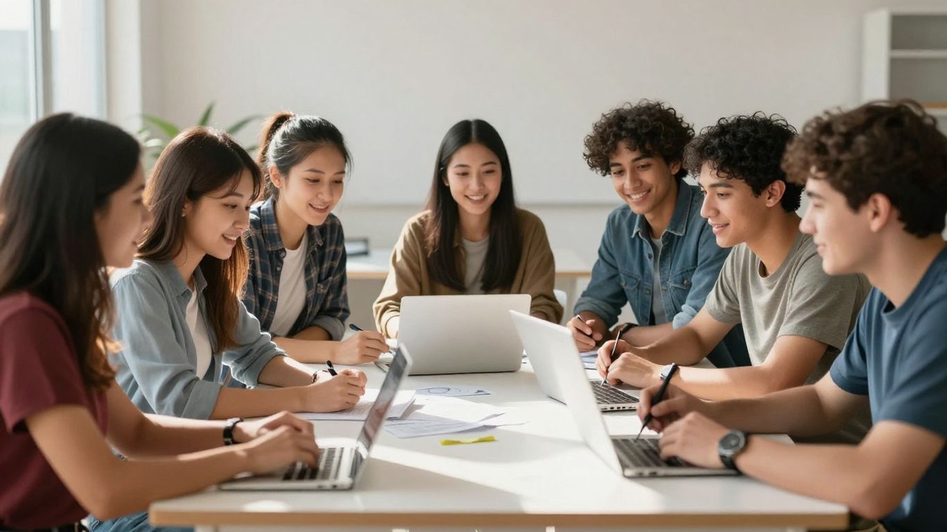 College students working together on a project.