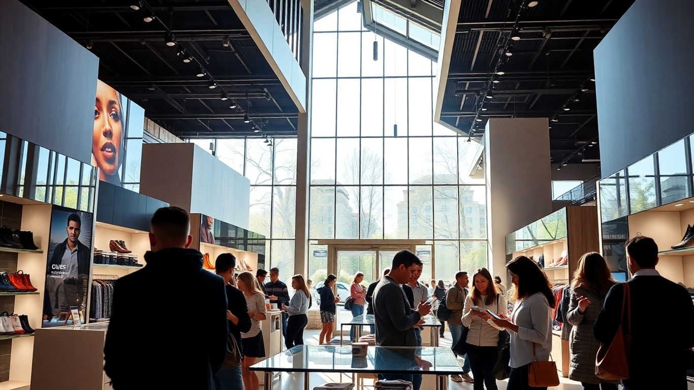 Shoppers using mobile devices in a modern retail store.