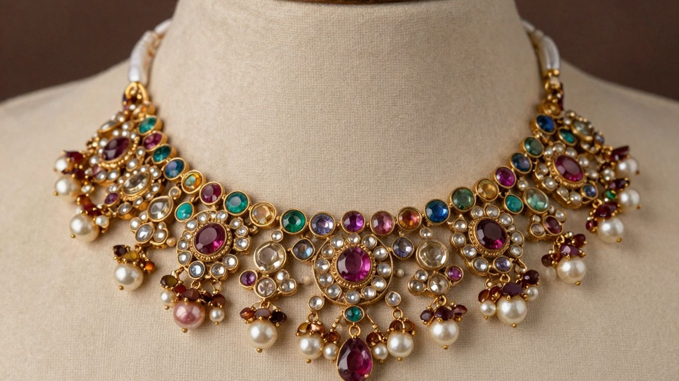 Elegant Kundan jewelry set with colorful gemstones.