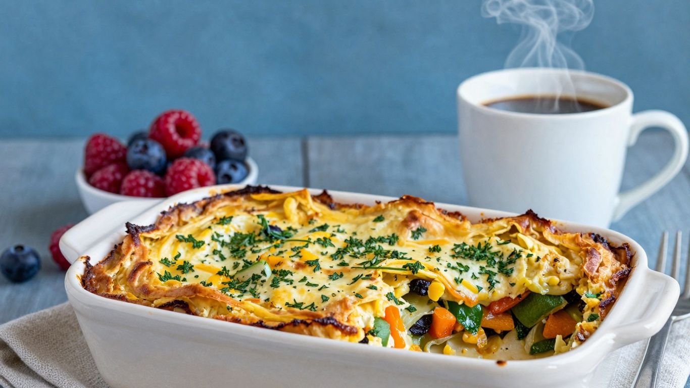 Healthy breakfast casserole with fresh ingredients and coffee.