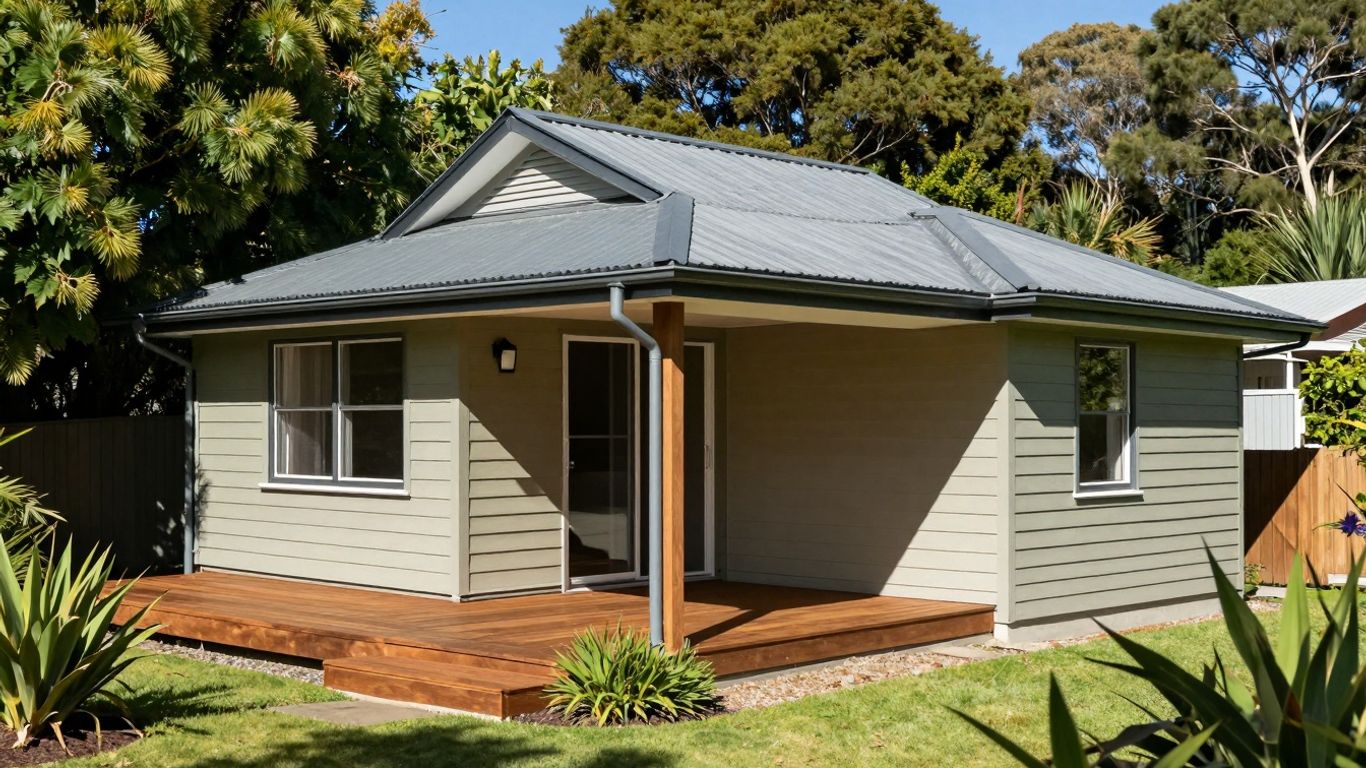 New Zealand home exterior with roof, deck, and cladding.
