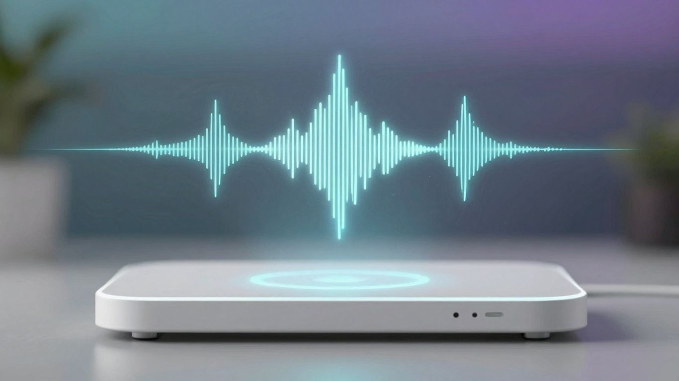 Futuristic AI voice agent interface with glowing sound waves.