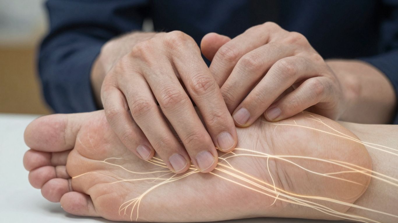 Nerve pathways in hands and feet illustration.