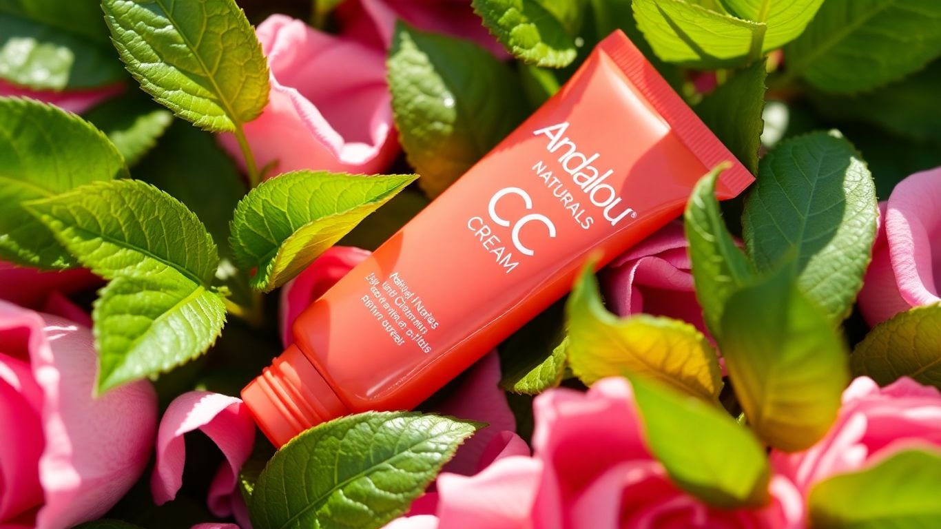 Andalou Naturals CC Cream tube with leaves and rose petals.