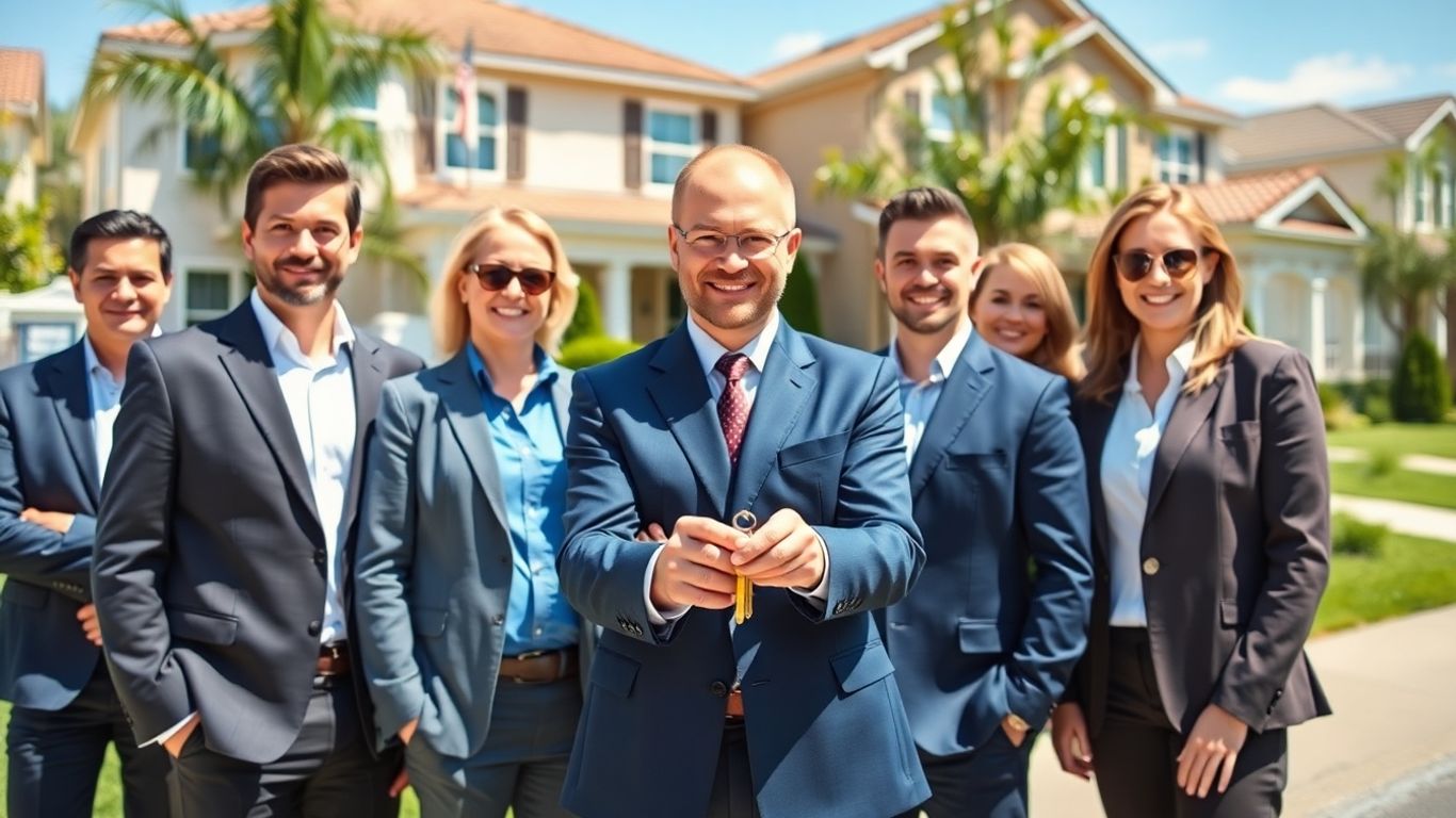 Real estate brokers outside upscale suburban homes.