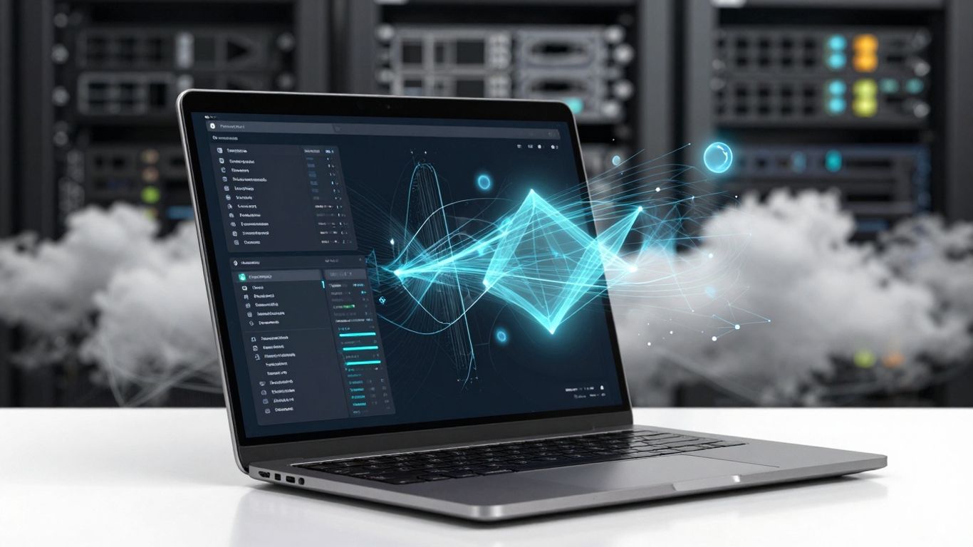 Laptop screen with glowing digital interfaces and cloud computing graphics.
