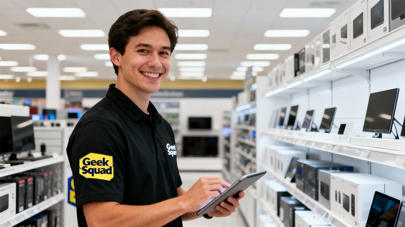 Geek Squad agent with tablet at Best Buy