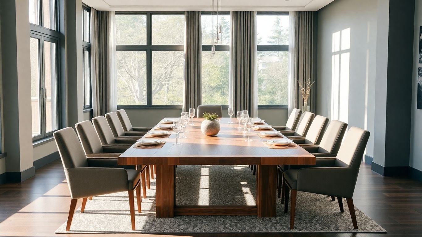 Large wooden dining table with ten chairs in modern room.
