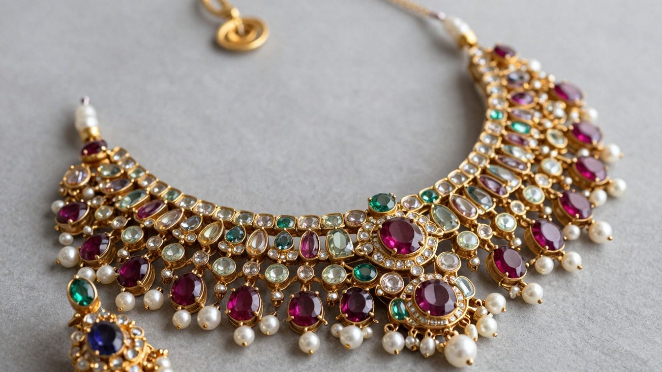Elegant Kundan jewelry set with gemstones and pearls.