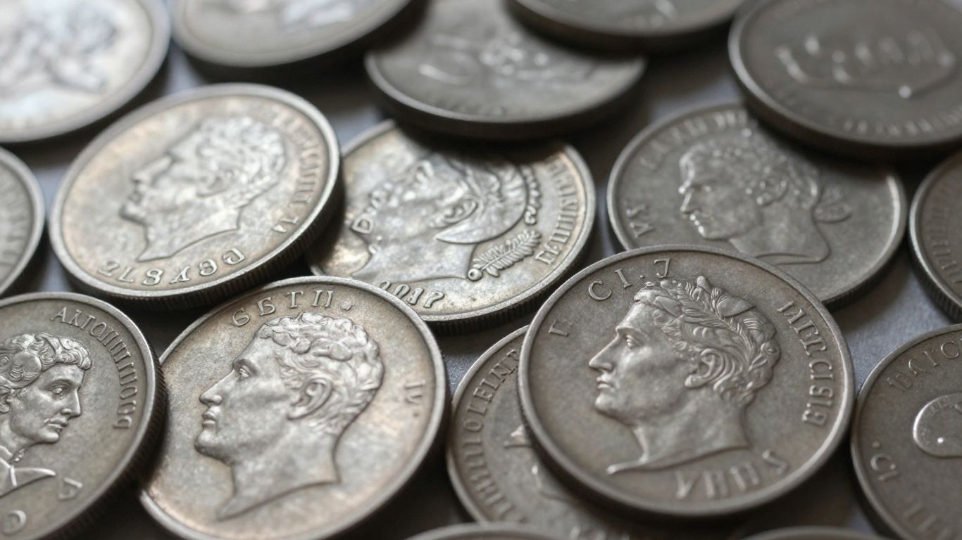 Pile of old silver coins with visible dates and mint marks.