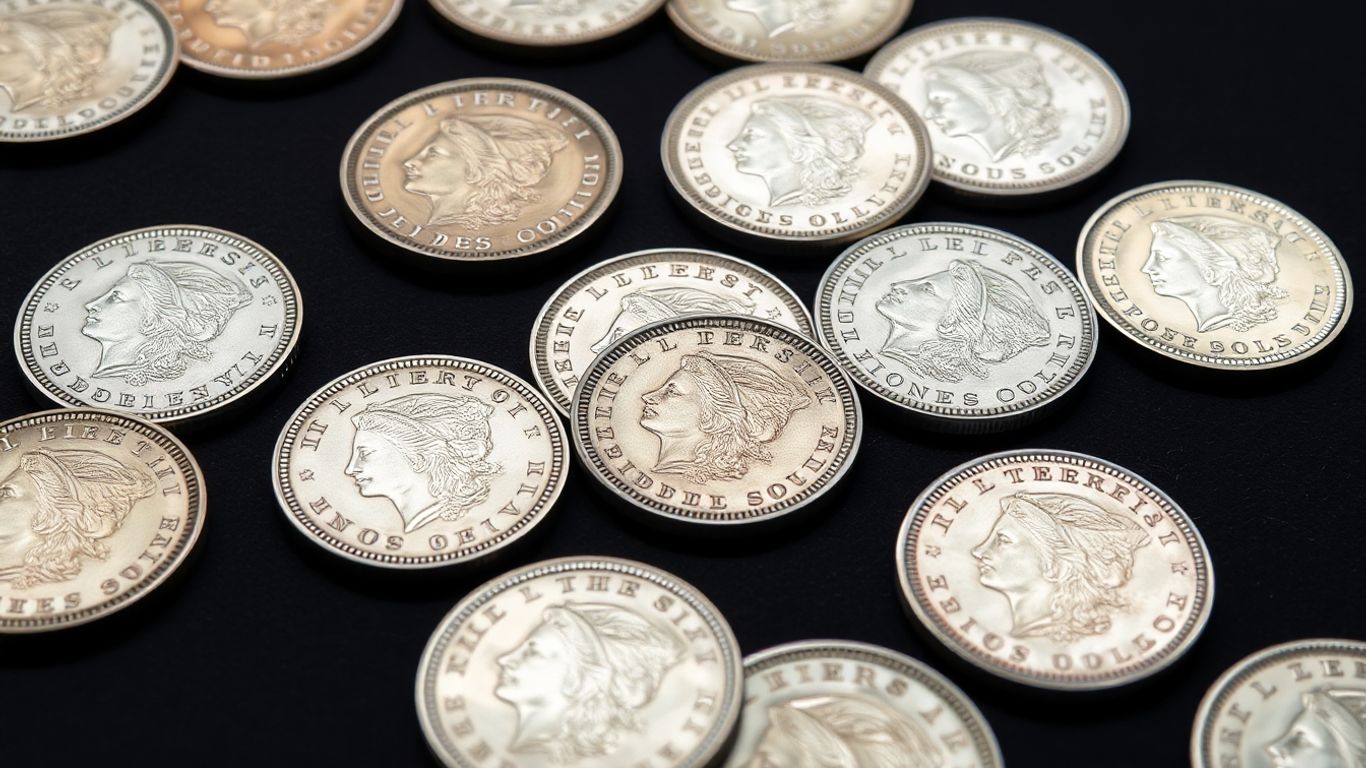 Pile of historic and modern Morgan silver dollars coins.