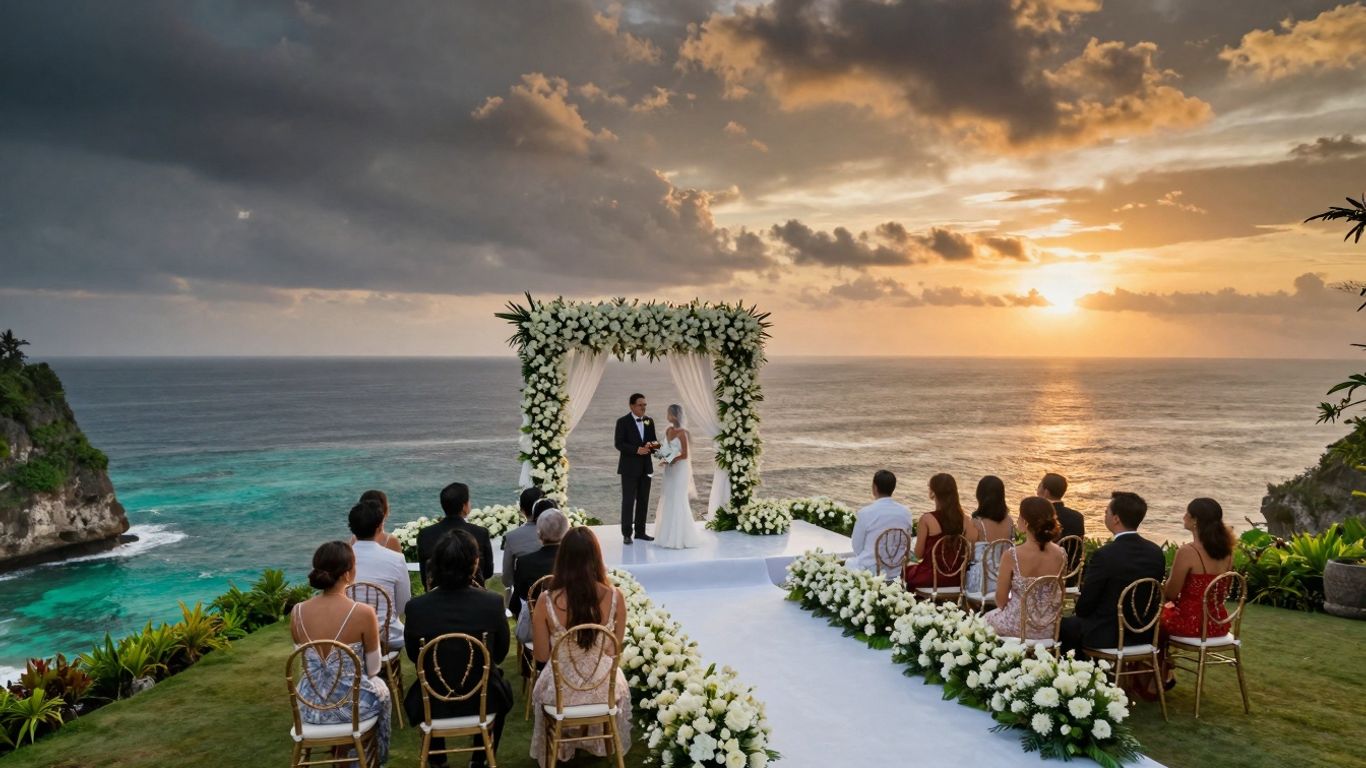 Luxury Bali wedding ceremony overlooking the ocean at sunset.