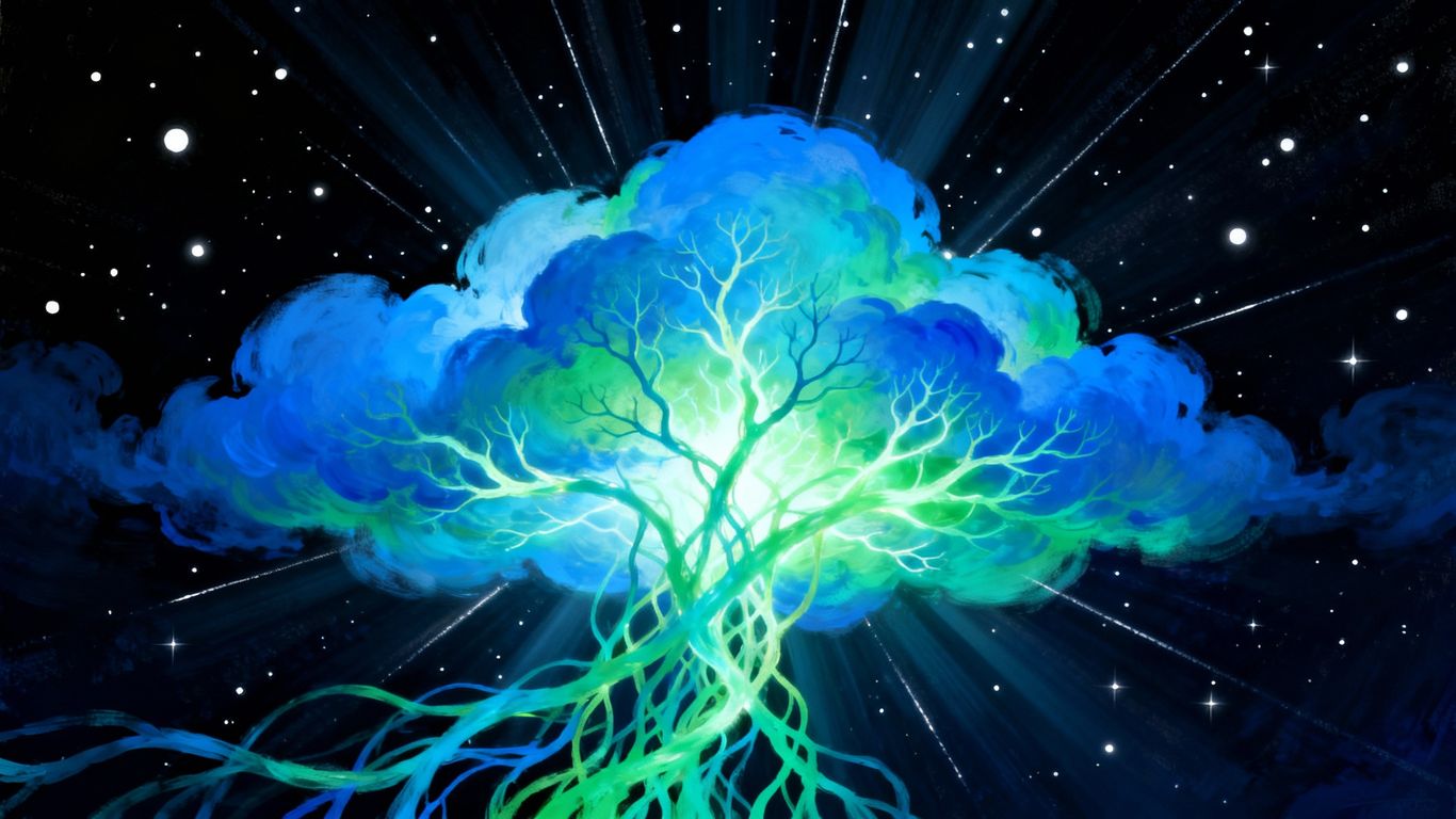 Abstract blue and green cloud formation against a starry background.