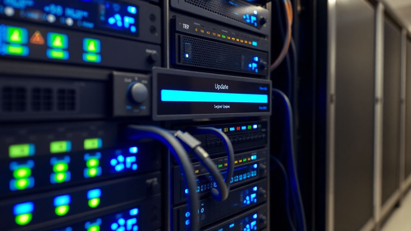 Server rack with glowing lights and update progress.