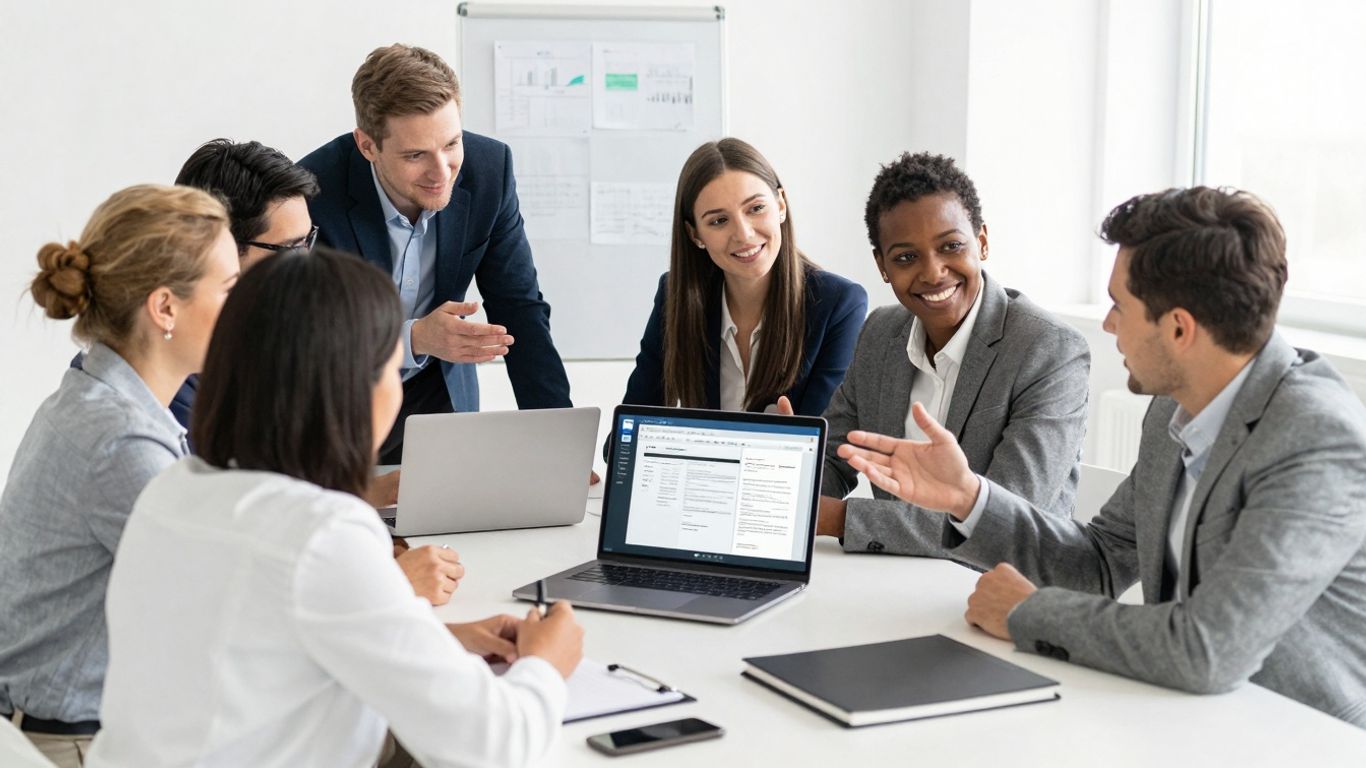 Small business team collaborating on documents