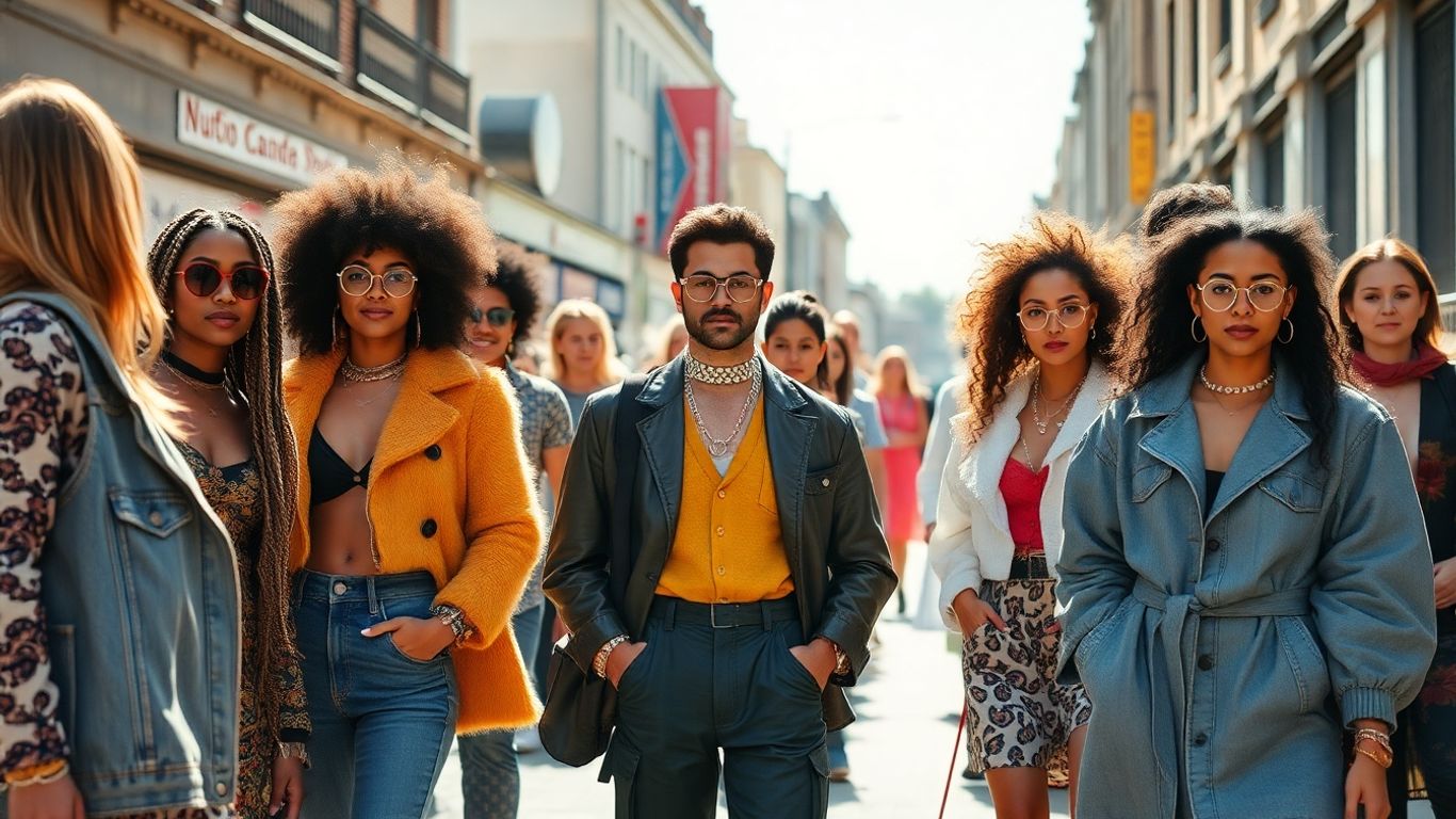 Diverse people in stylish, colorful street fashion.