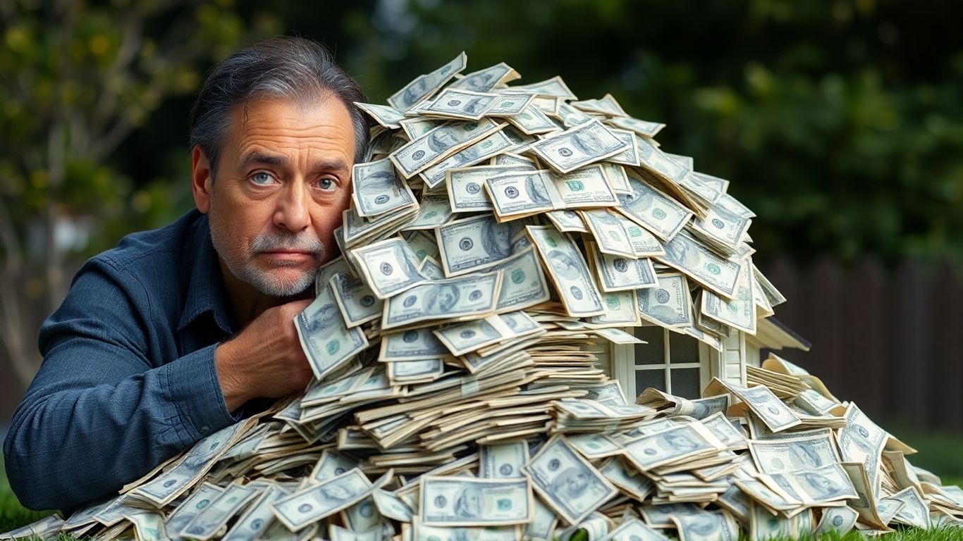 Casa con exceso de dinero y persona preocupada.