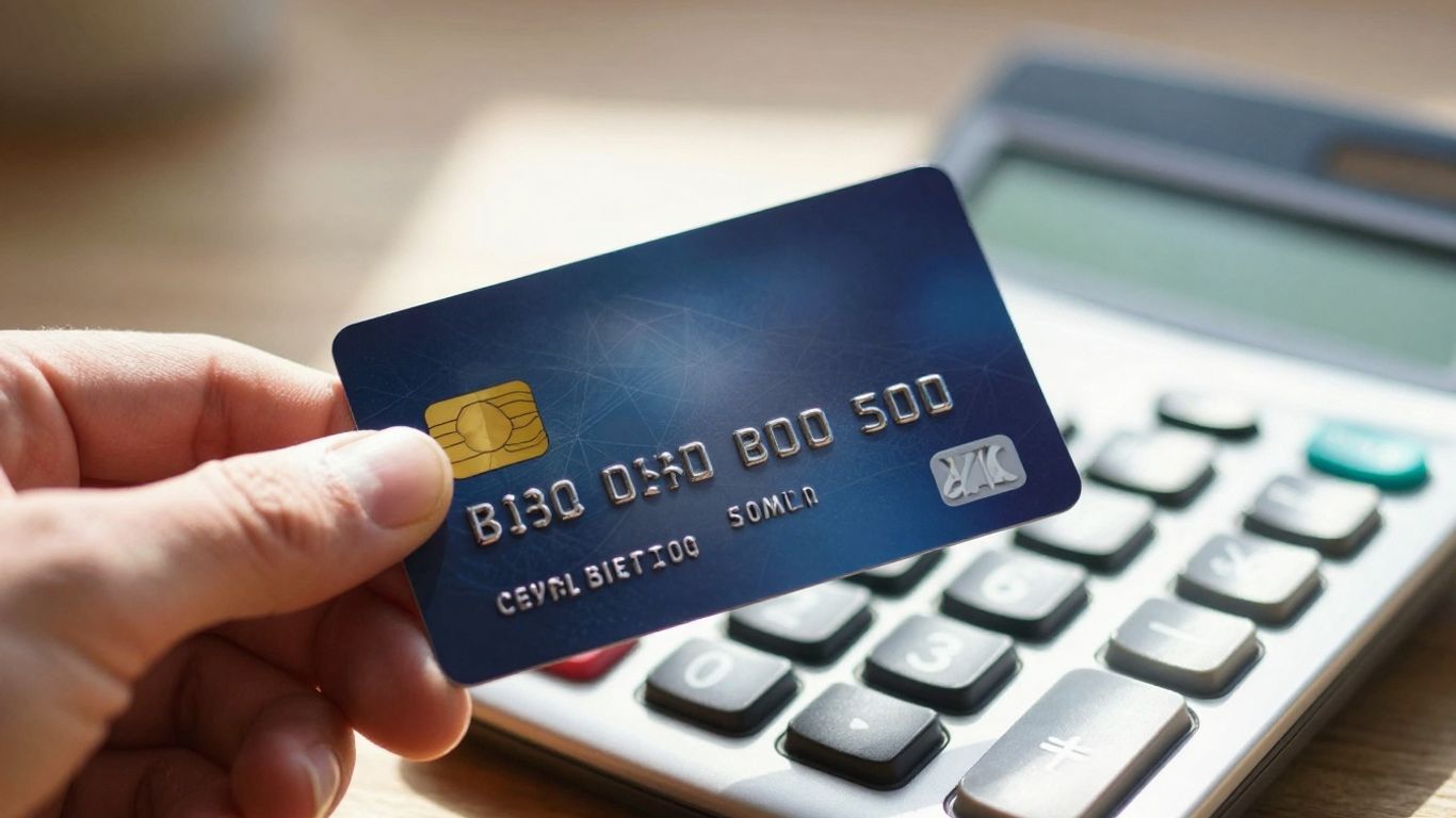 Hand holding credit card over calculator for interest calculation.