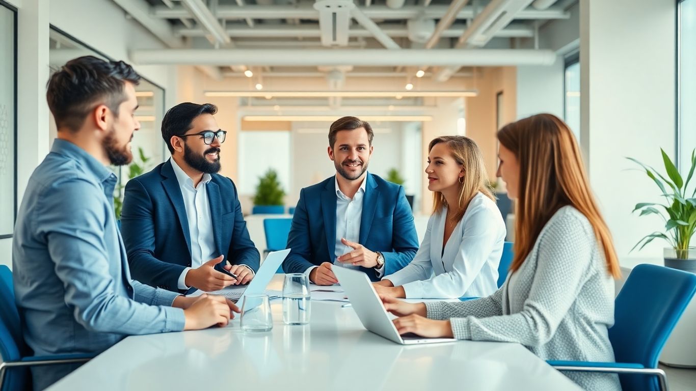 Mitarbeiter in einem modernen Büro mit blauen Akzenten.
