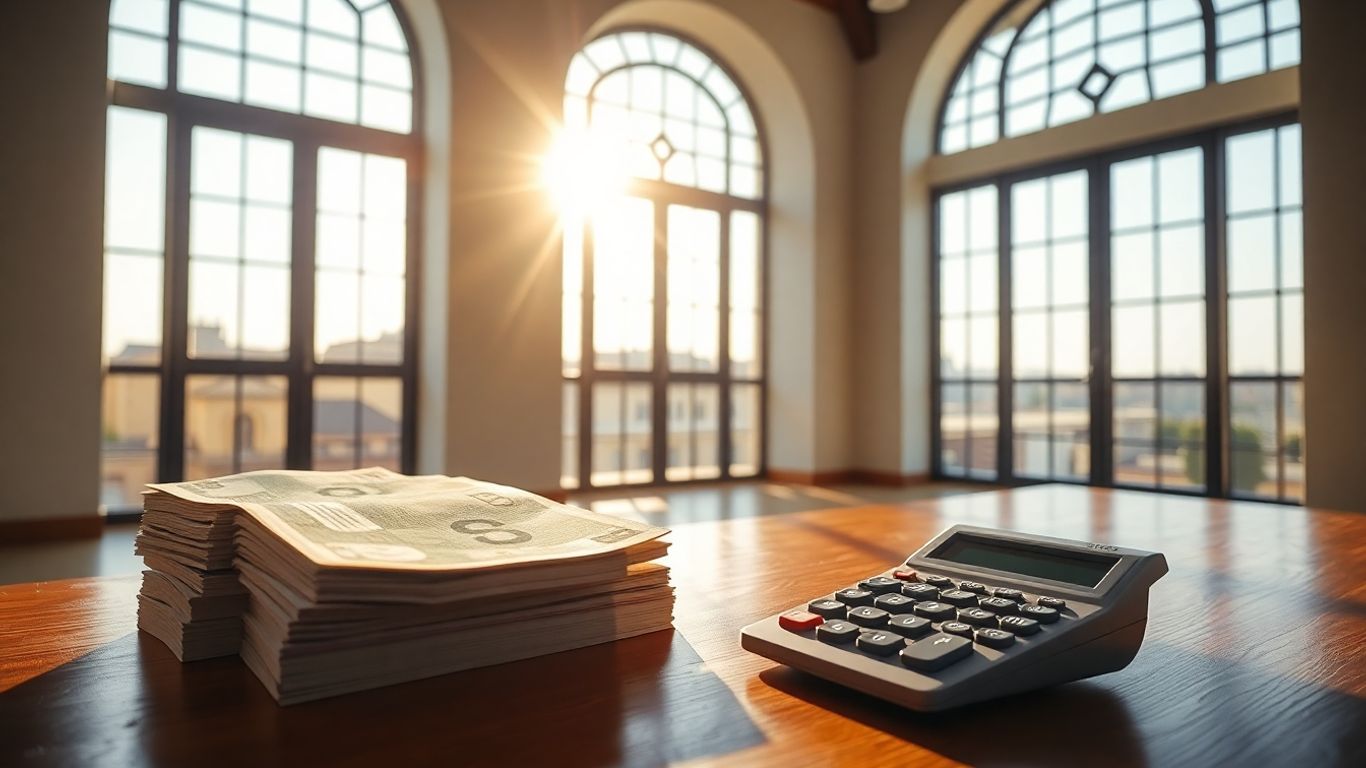 Money and calculator on a desk.