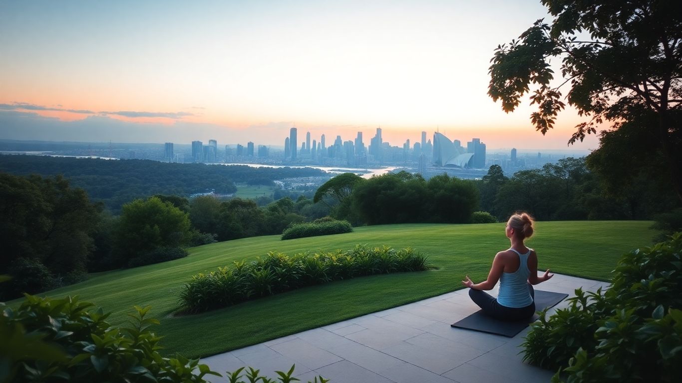 Tranquil yoga session overlooking Sydney skyline at dawn.