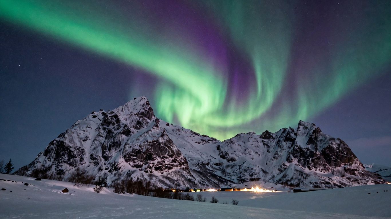 Snowy mountains under the Northern Lights.