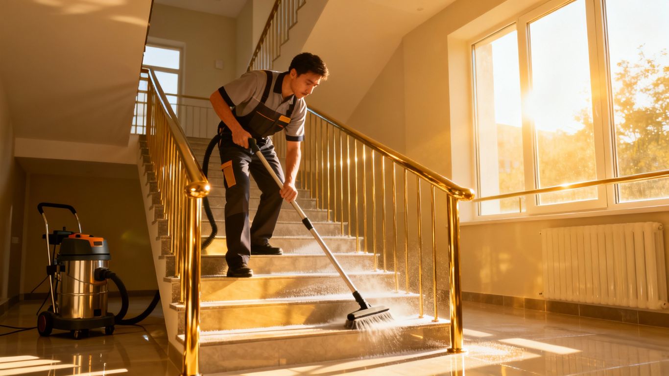 Profesionálne čistenie schodiska v bytovom dome.