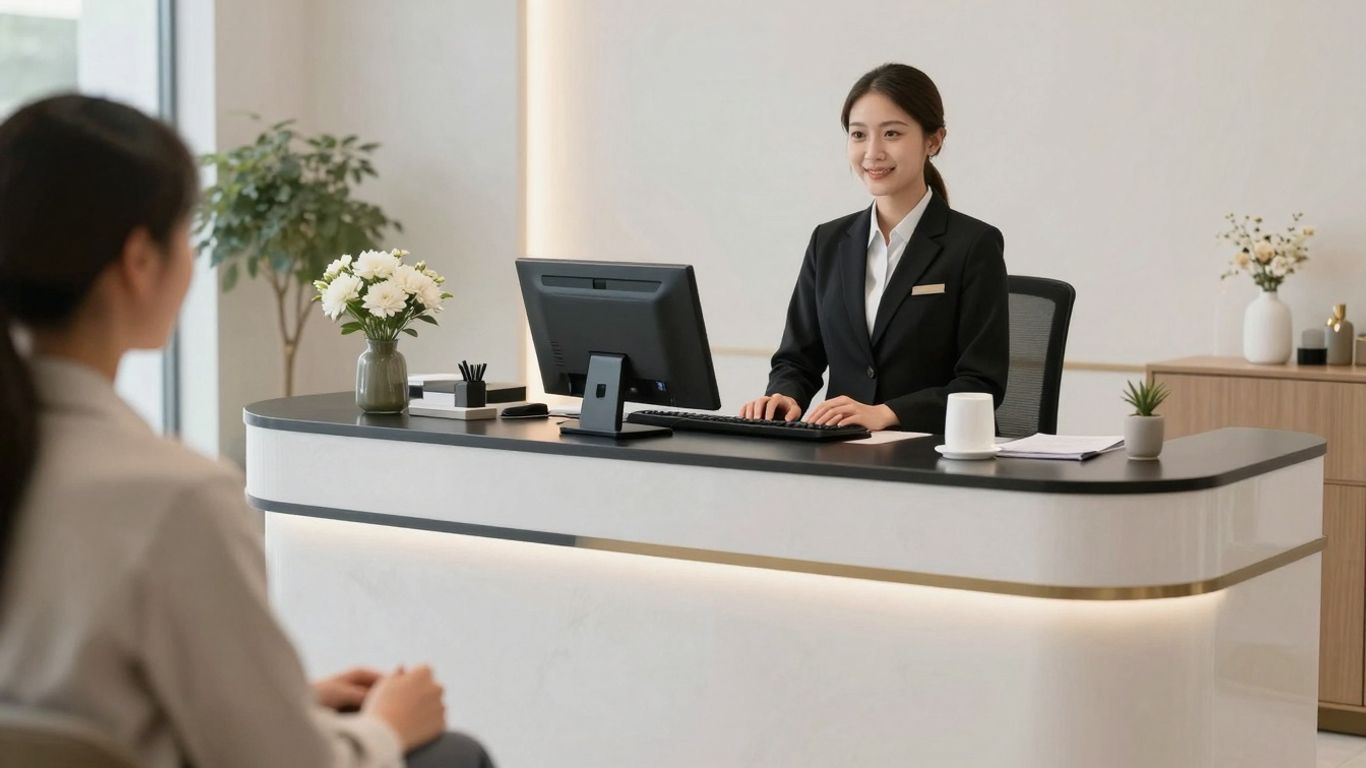 AI receptionist on screen in clinic reception.