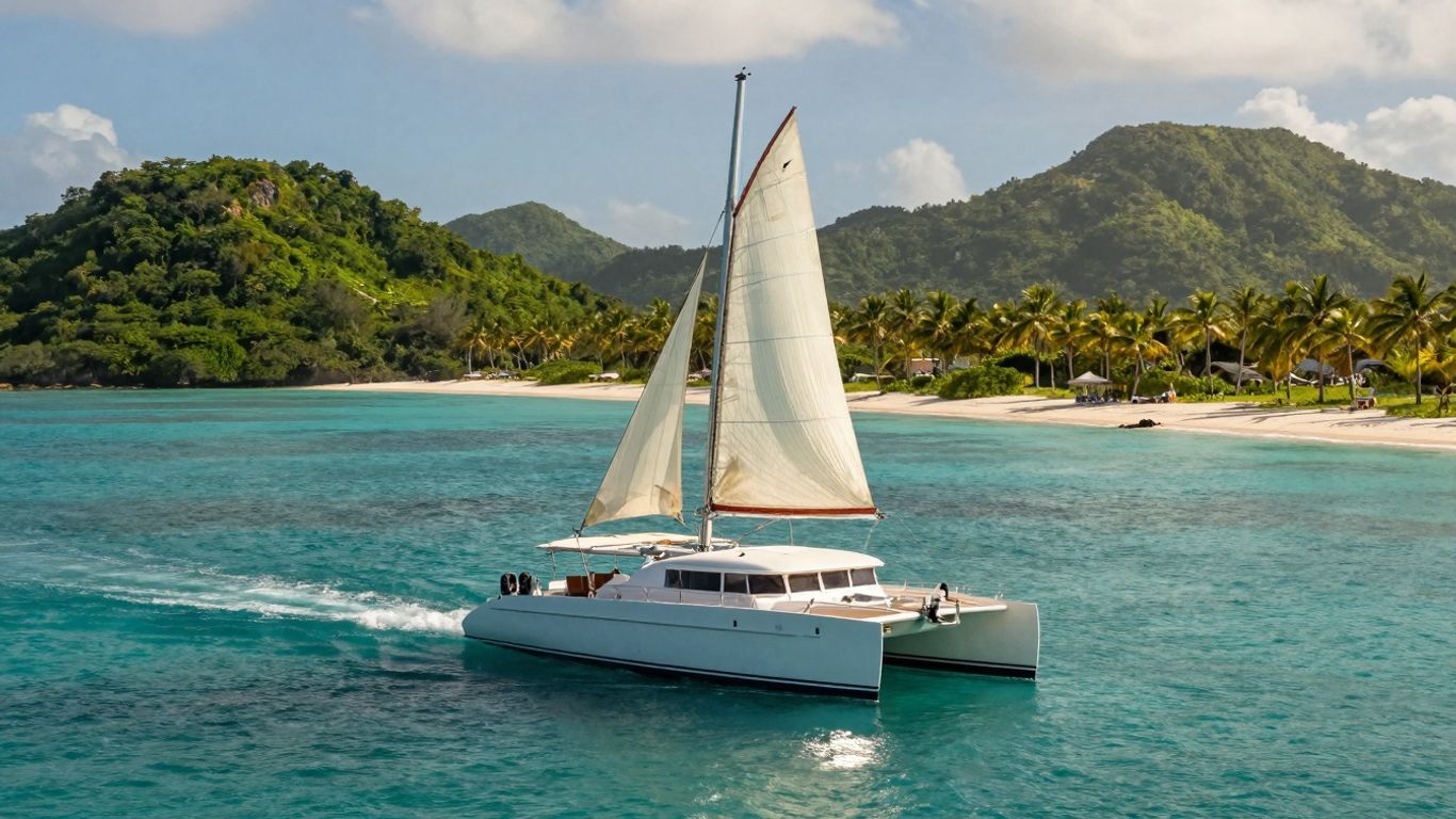 Sailing catamaran in turquoise waters near BVI islands.