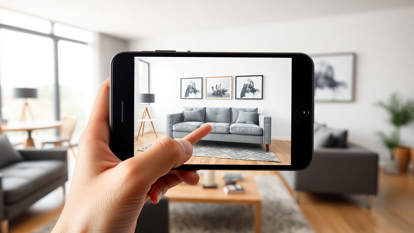 Augmented reality sofa in a living room via smartphone.