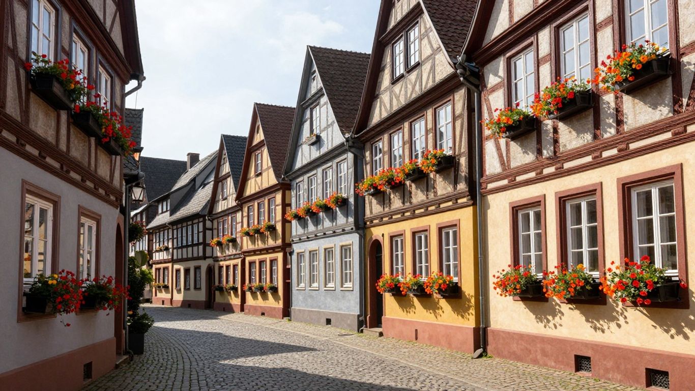 Malerische Altstadt mit Fachwerkhäusern und Kopfsteinpflaster.