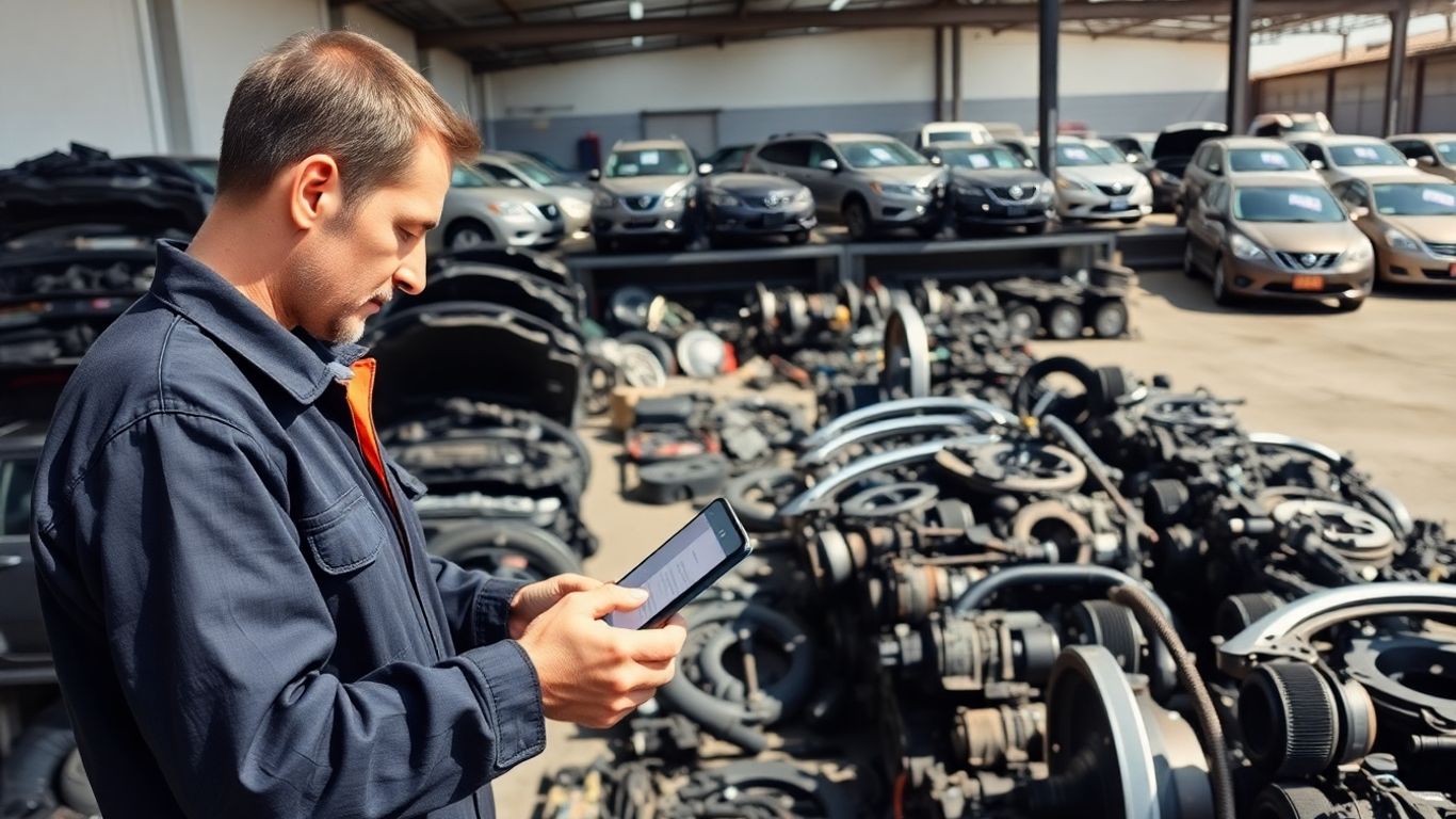 Mechanic checking Nissan parts in auto wrecker yard