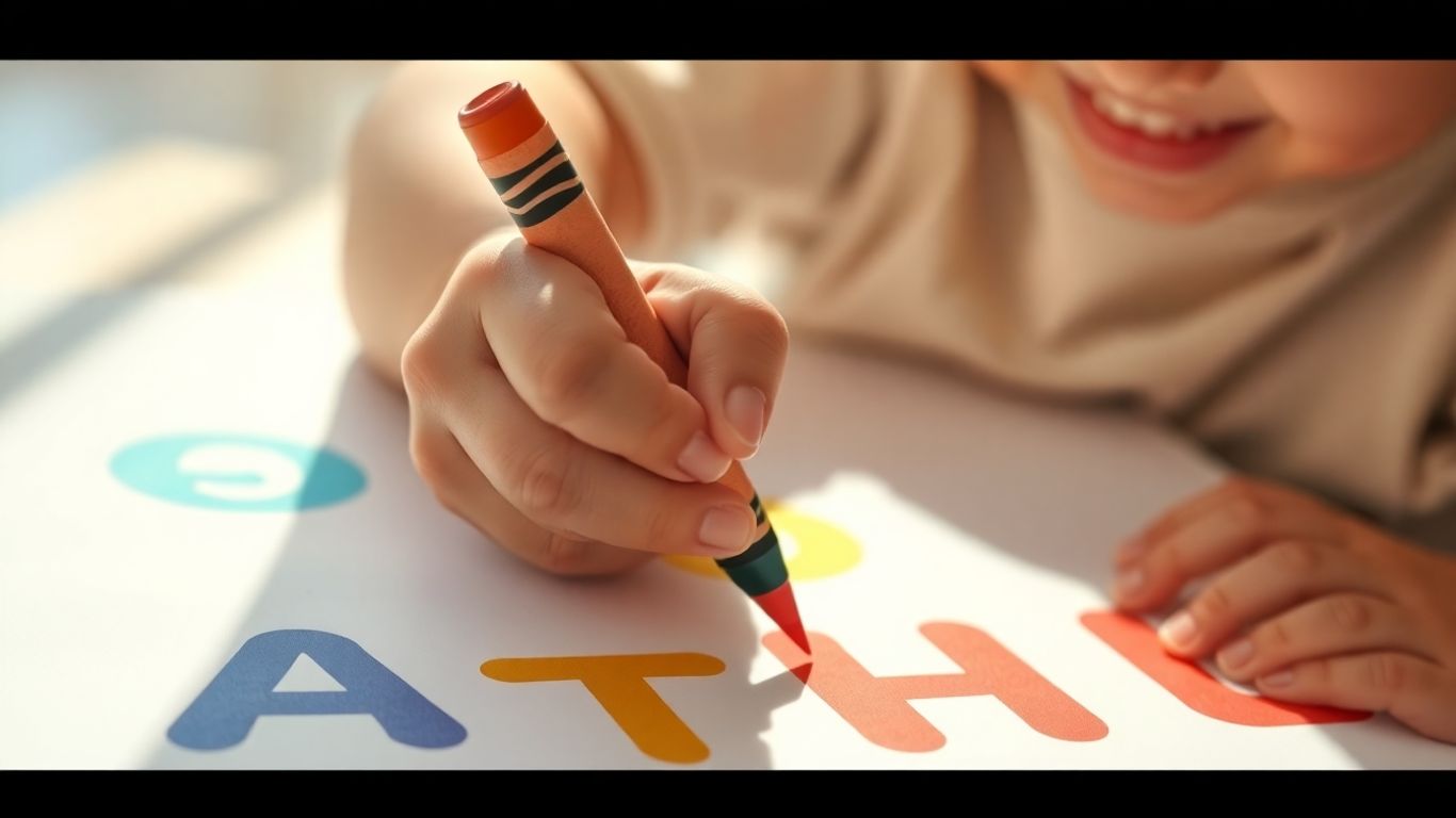 Toddler tracing colorful letters with a crayon.