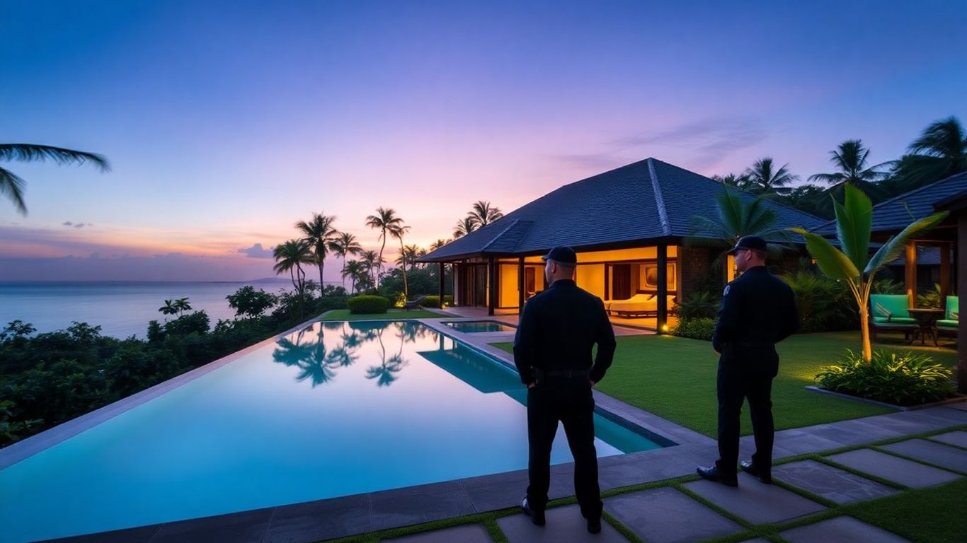 Luxury villa security in Bali at twilight.