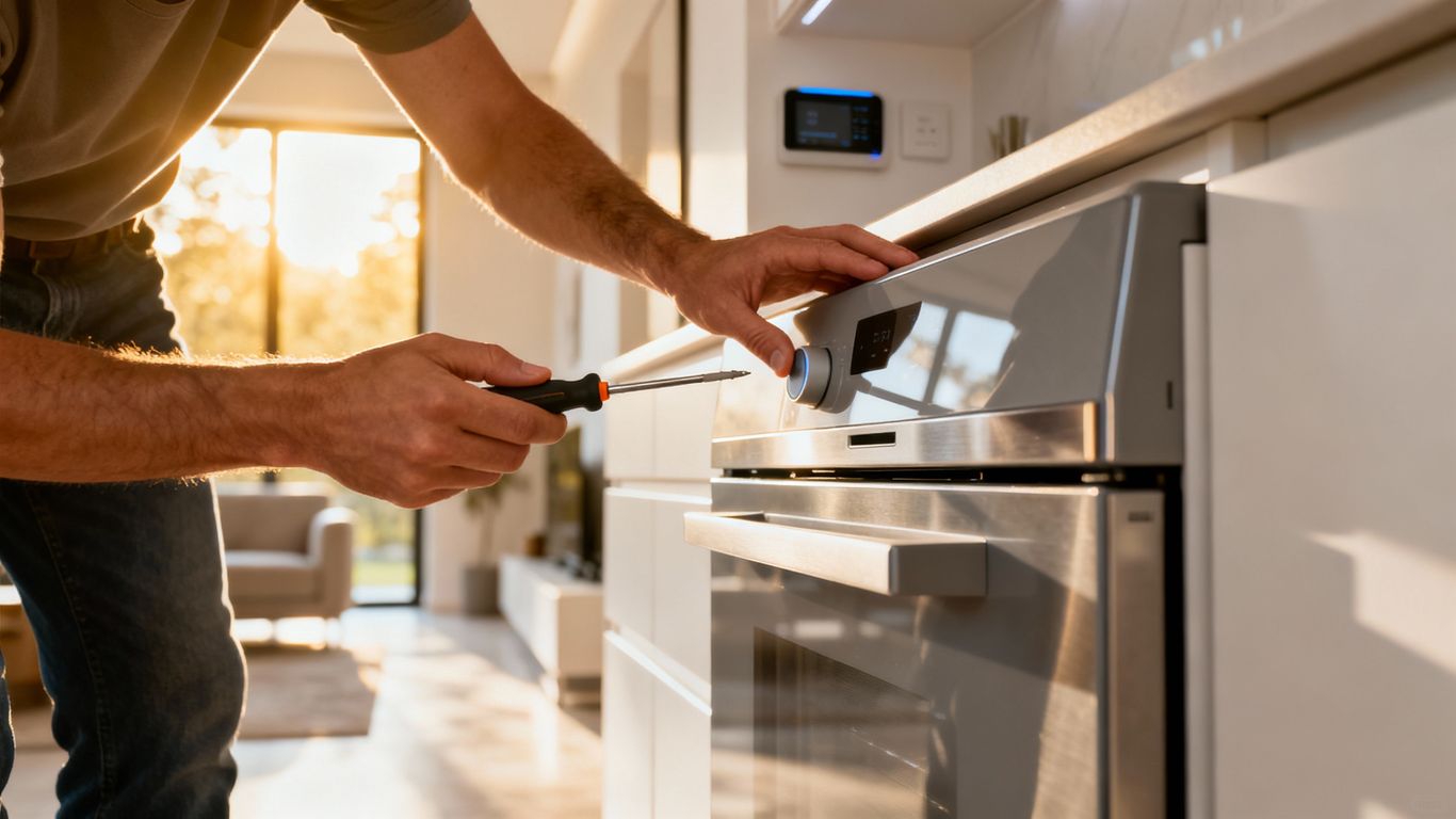 Homeowner inspecting smart home appliance with tool.