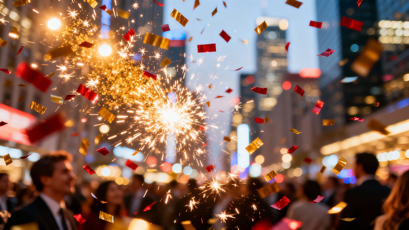 New Year's Eve celebration with city lights and confetti.