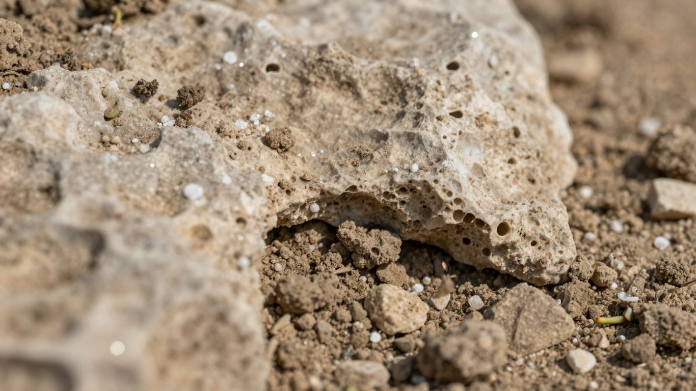 Textura de solo calcário com pequenos brotos verdes.