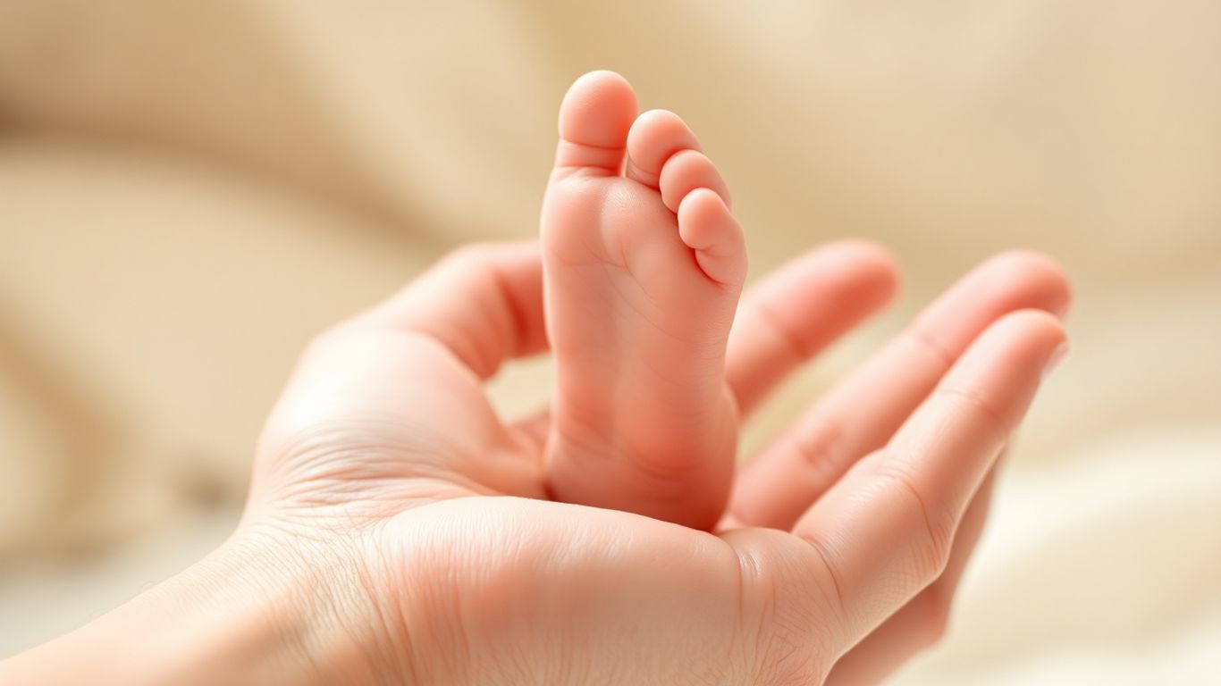 Baby's foot held gently, symbolizing care and health.