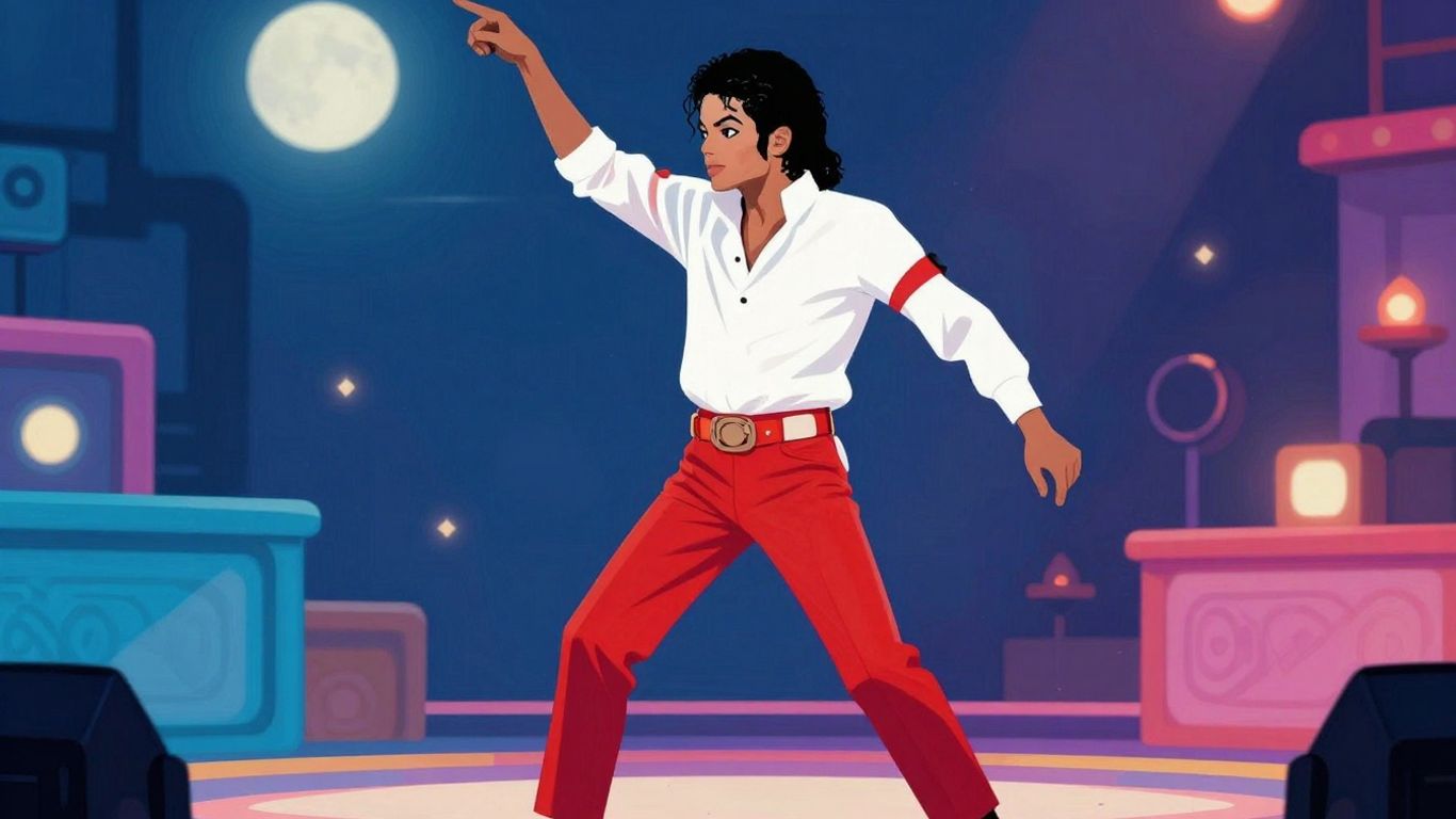 [Michael Jackson] dancing in the 'Thriller' era, game-like atmosphere.