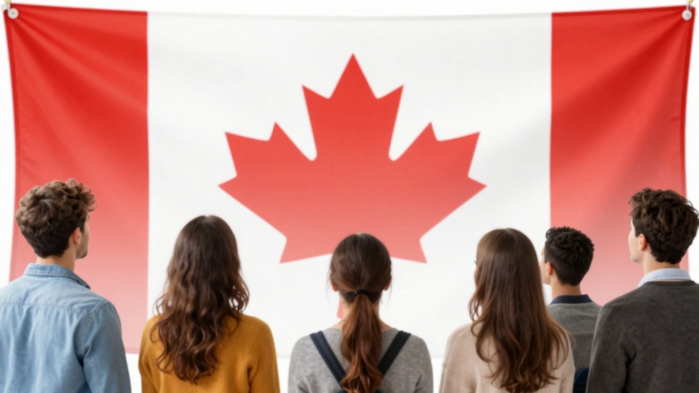 People looking towards Canadian flag and map.