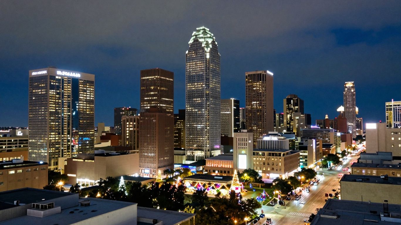 Dallas cityscape at night with festive lights