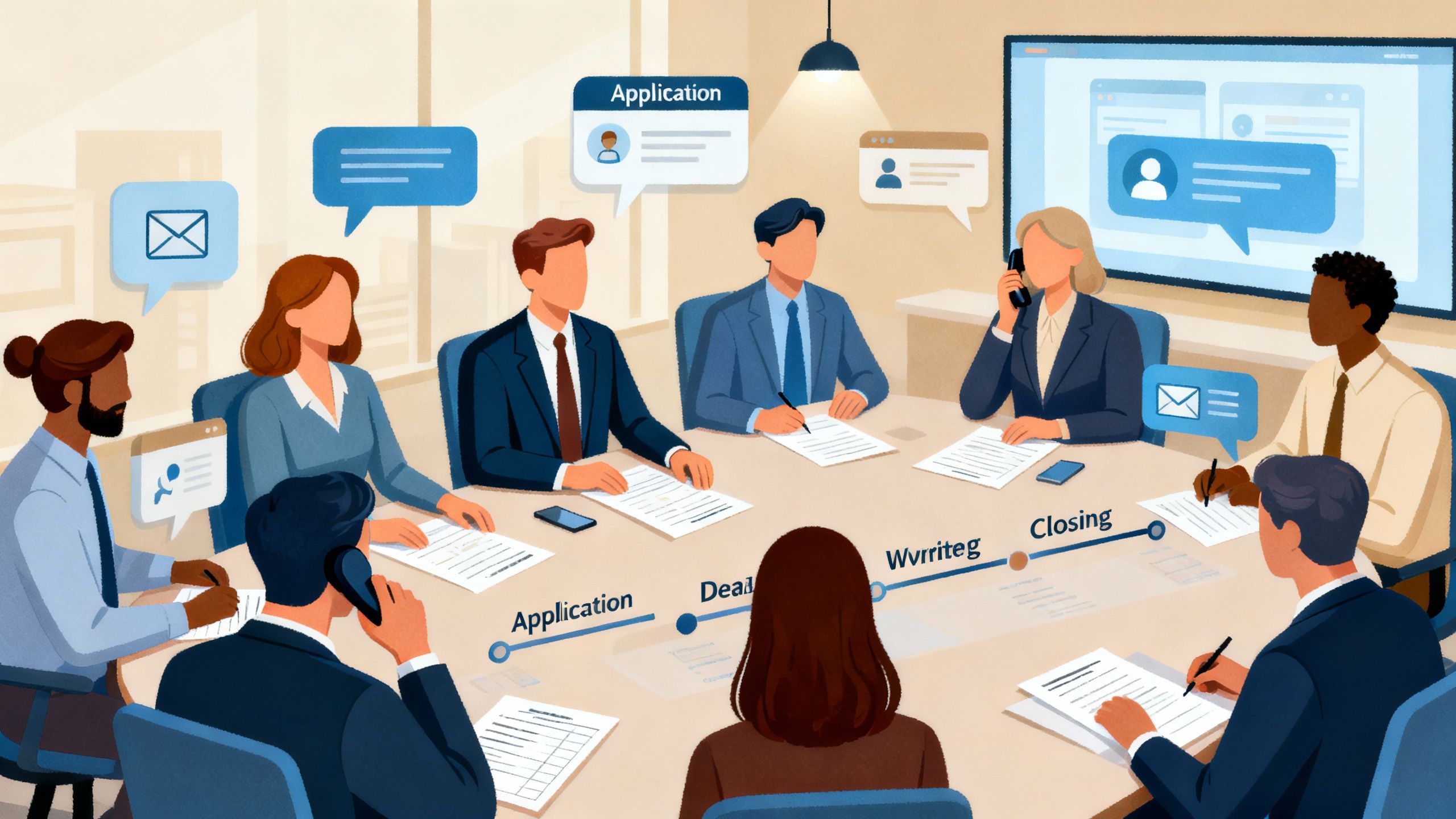 Illustration: mortgage team reviewing deal stages and communications with clients, conceptually
