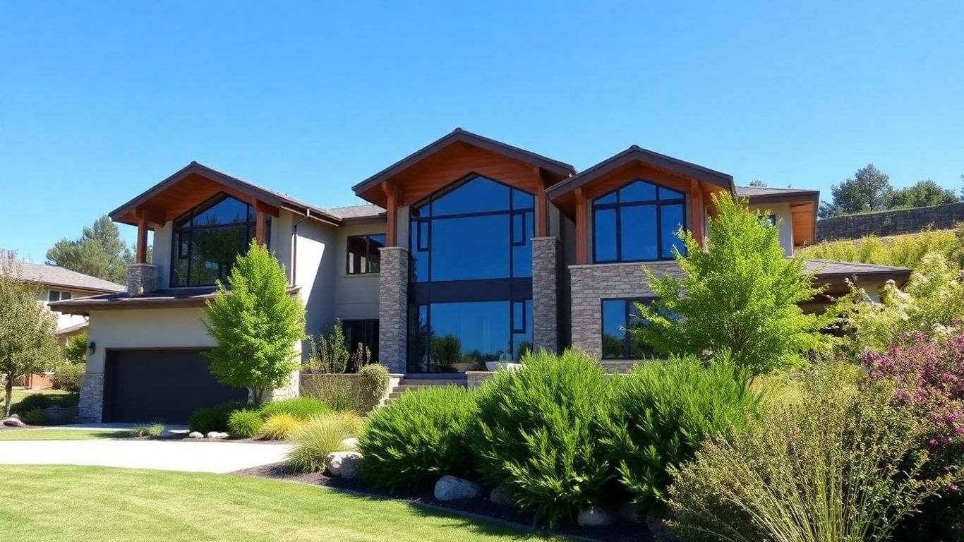 Modern custom home exterior with landscaping.