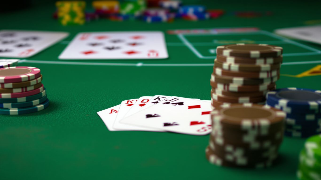 Mesa de blackjack con cartas y fichas.