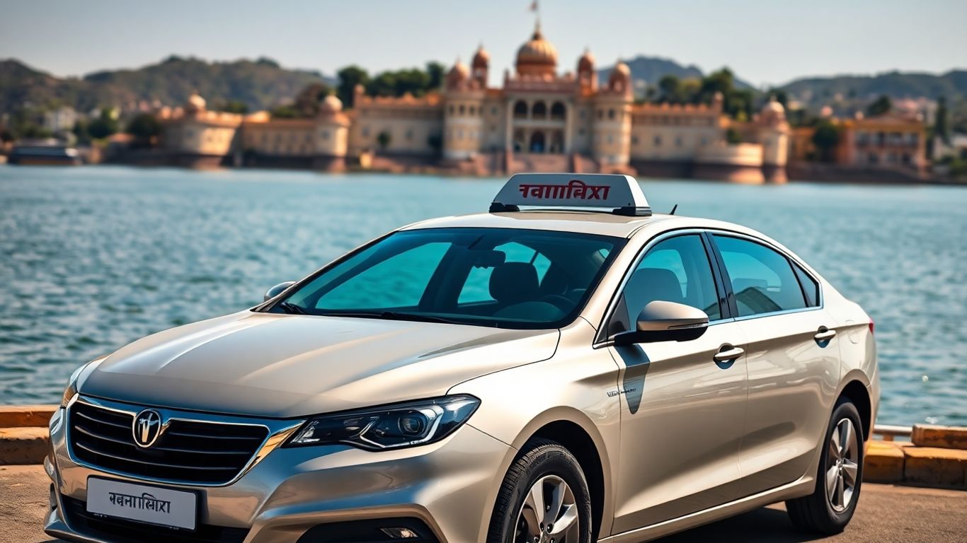 Udaipur taxi car by Lake Pichola with City Palace