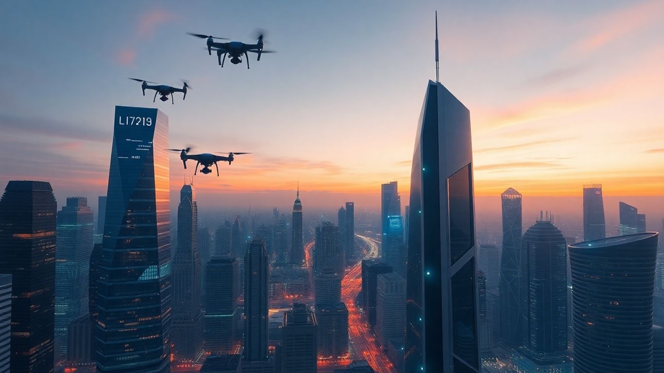 Futuristic cityscape with glowing digital streams and drones.